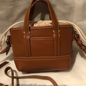 NWT Adorable J Crew brown leather Montauk tote crossbody with fabric tie closure